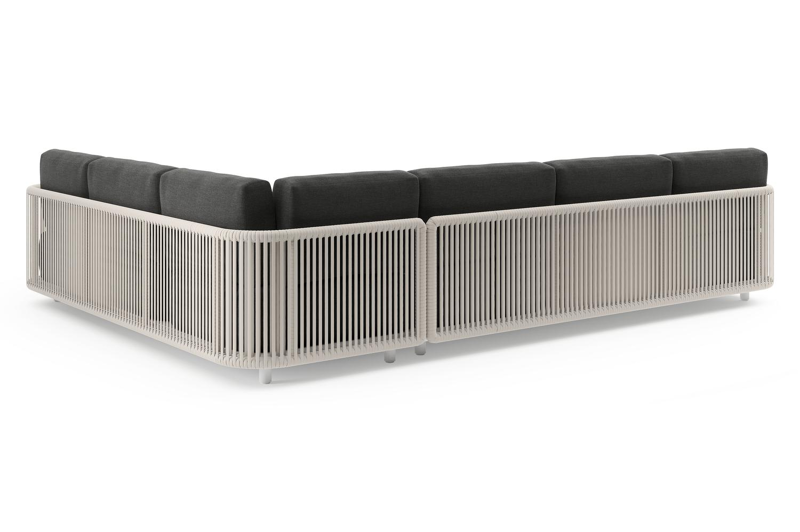 Organo loungehoek in wit aluminium en beige verticaal geweven luxe vlakke rope met chartres sooty all weather Sunbrella® luxe kussen