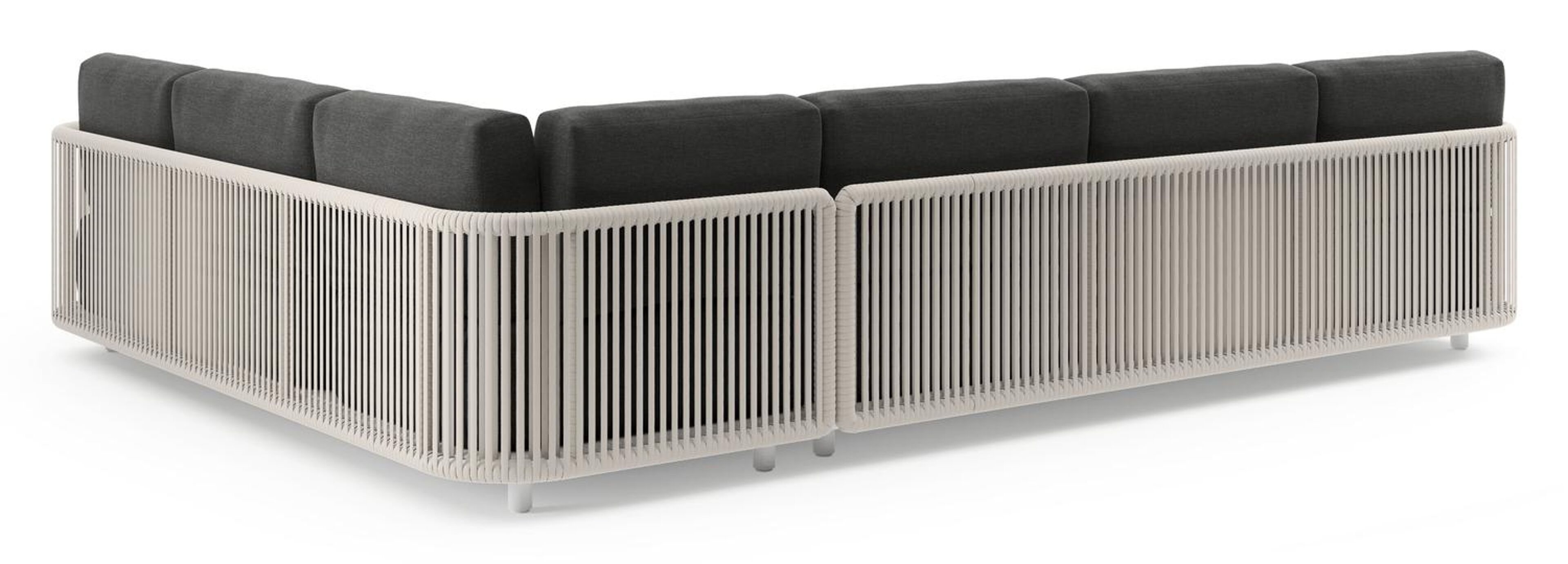 Organo loungehoek in wit aluminium en beige verticaal geweven luxe vlakke rope met chartres sooty all weather Sunbrella® luxe kussen