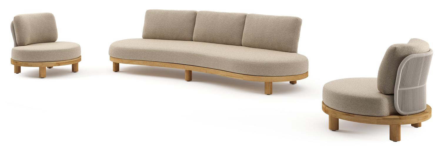 Donato loungeset in teak en beige verticaal geweven ronde rope met all weather cosytica Madagascar Oak kussen