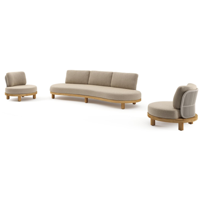 Donato loungeset in teak en beige verticaal geweven ronde rope met all weather cosytica Madagascar Oak kussen