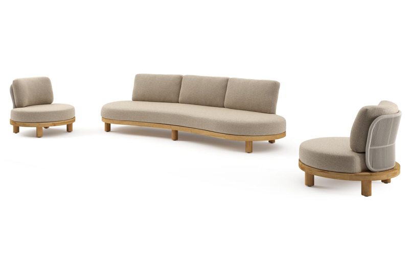 Donato loungeset in teak en beige verticaal geweven ronde rope met all weather cosytica Madagascar Oak kussen