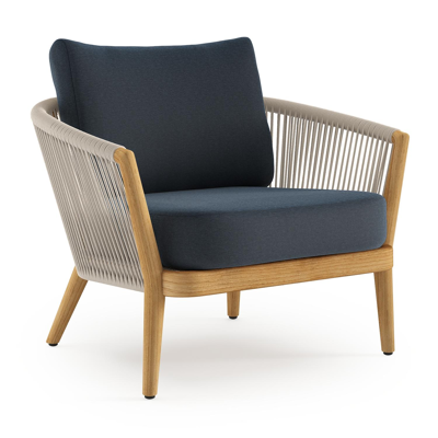 Fauteuil de jardin Orso en tecken corde ronde tissée verticalement beige et coussins en all weather sunbrella® luxe Heritage Indigo