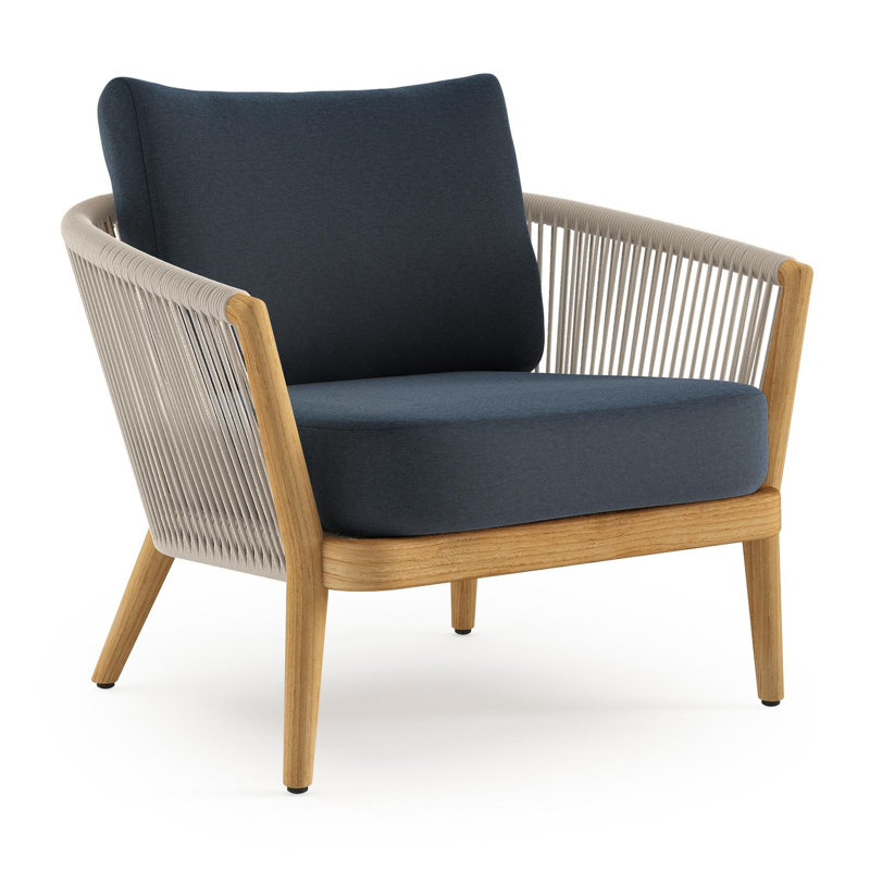 Orso loungestoel in teak en beige verticaal geweven ronde rope met Heritage Indigo all weather sunbrella® luxe kussen