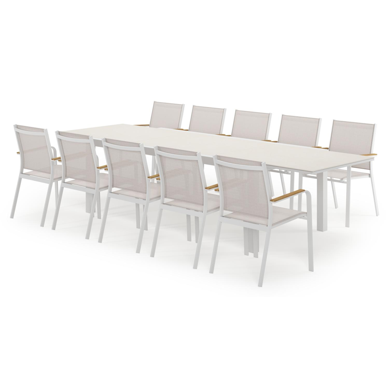 Calobra ensemble de jardin extensible rectangulaire en aluminium blanc en sintered stone crema minerale avec 10 chaises de jardin Amalfi