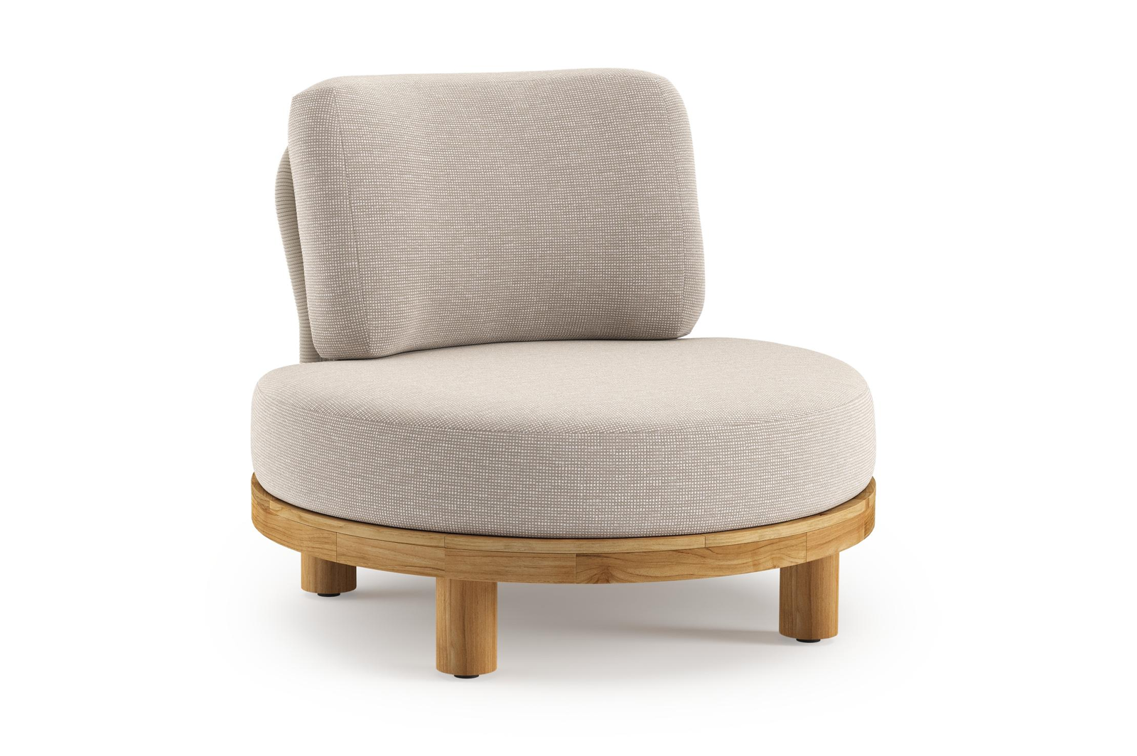 Donato loungestoel in teak en beige verticaal geweven ronde rope met all weather sunbrella® luxe Slow Farafra kussen