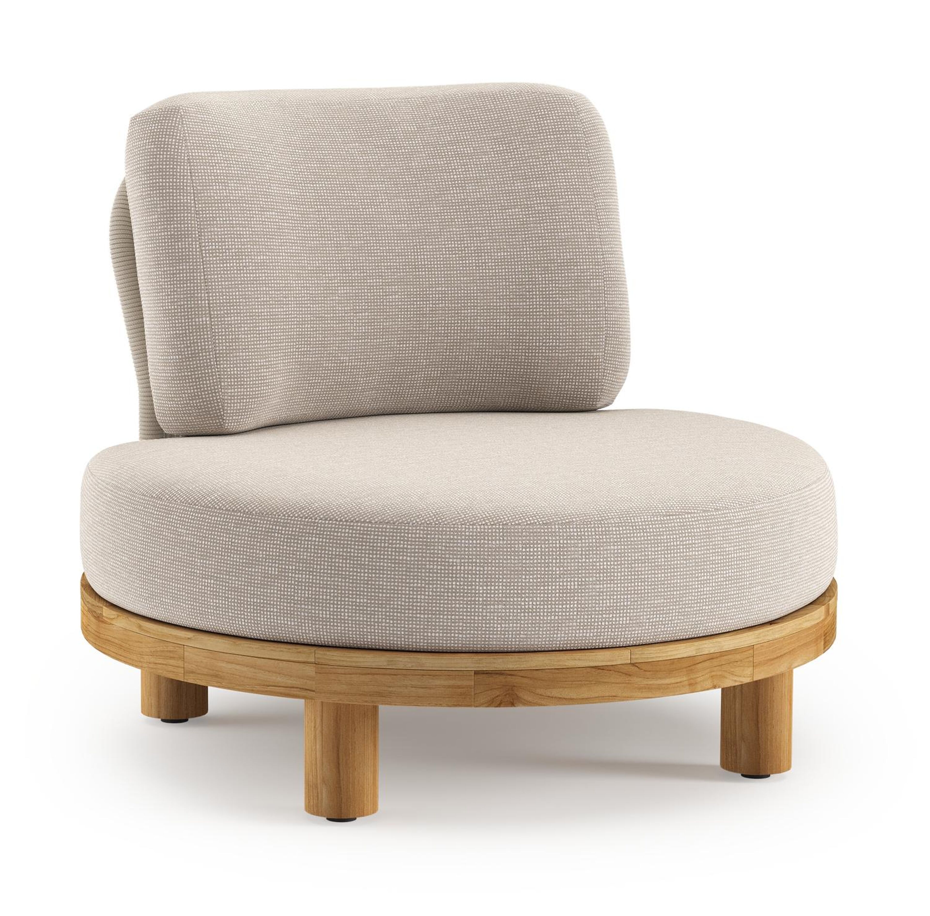 Donato loungestoel in teak en beige verticaal geweven ronde rope met all weather sunbrella® luxe Slow Farafra kussen