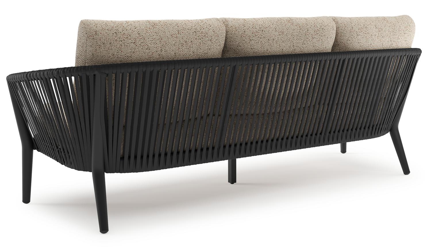 Orso loungebank in zwart aluminium en zwart verticaal geweven ronde rope met Bora Jungle all weather cosytica kussen