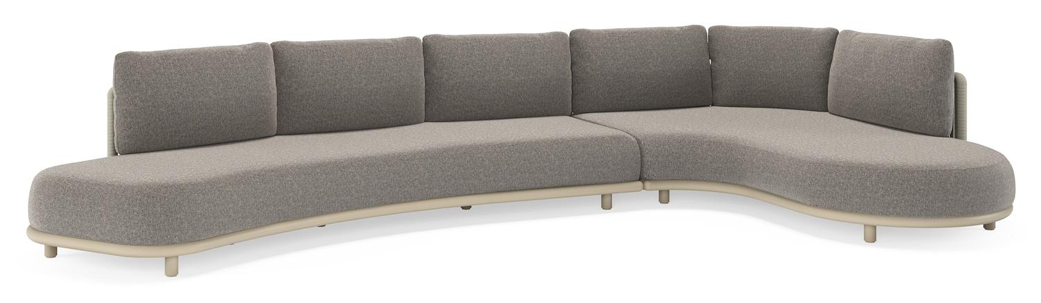 Lomano loungehoek in beige aluminium en beige verticaal geweven luxe vlakke rope met Chartres Drizzle all weather sunbrellaÂ® luxe