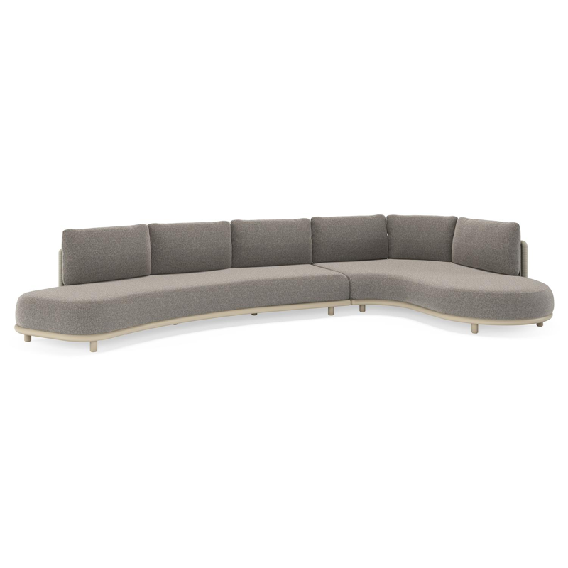 Lomano loungehoek in beige aluminium en beige verticaal geweven luxe vlakke rope met Chartres Drizzle all weather sunbrellaÂ® luxe