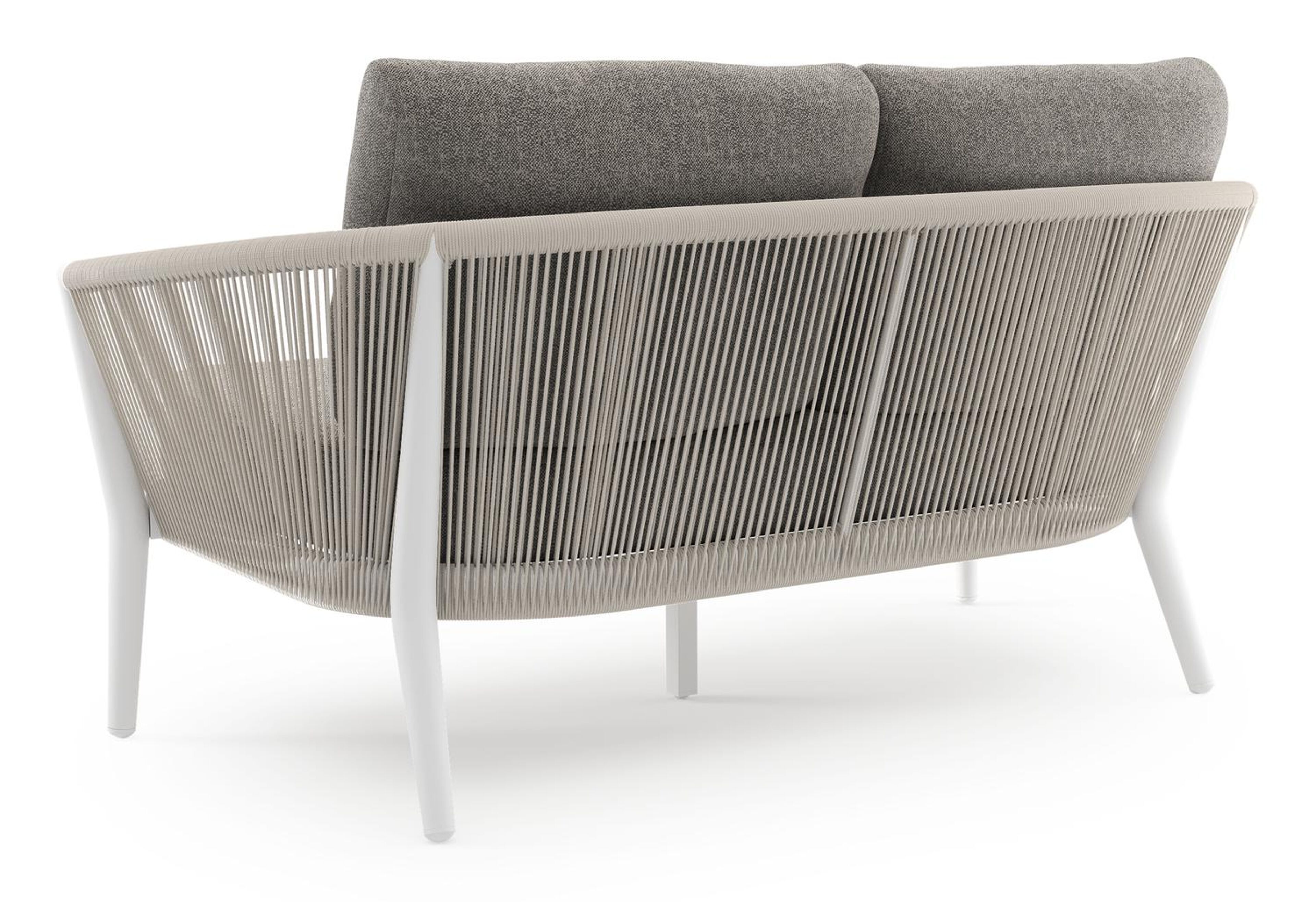 Canapé de jardin Orso en aluminium blanc en corde ronde tissée verticalement beige et coussins en all weather sunbrella® luxe Chartres Drizzle