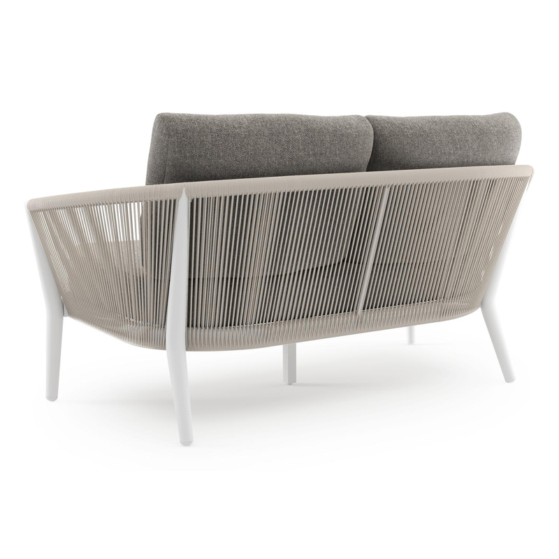 Canapé de jardin Orso en aluminium blanc en corde ronde tissée verticalement beige et coussins en all weather sunbrella® luxe Chartres Drizzle