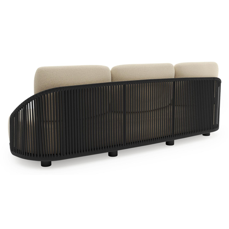 Canapé de jardin Vadelo en aluminium noir et corde ronde tissée verticalement noir et coussins en all weather solica soul papyrus