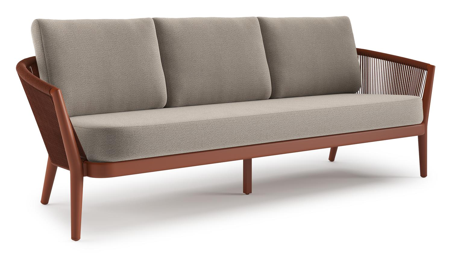 Orso loungebank in roestbruin aluminium en roestbruin verticaal geweven ronde rope met Savane Coconut all weather sunbrella® luxe kussen