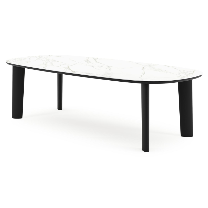 Table de jardin Amico bombo en aluminium noir et céramique pleine Calacatta - Lg. 270 x Lrg. 125 x Haut. 74 cm