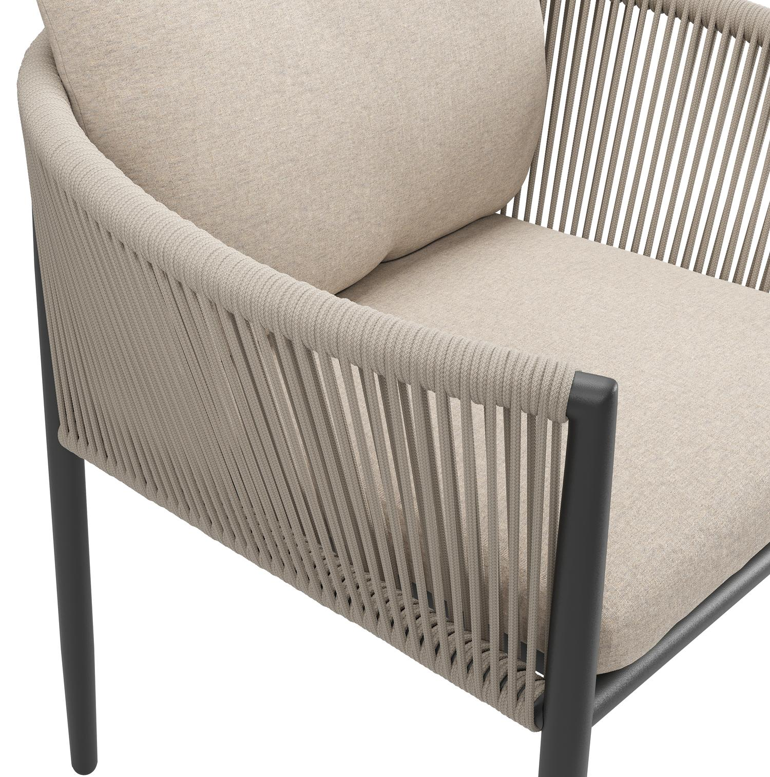 Chaise de jardin Organo en aluminium noir et corde ronde tissée verticalement noir avec coussin en All Weather Sunbrella® Luxe Heritage Ash