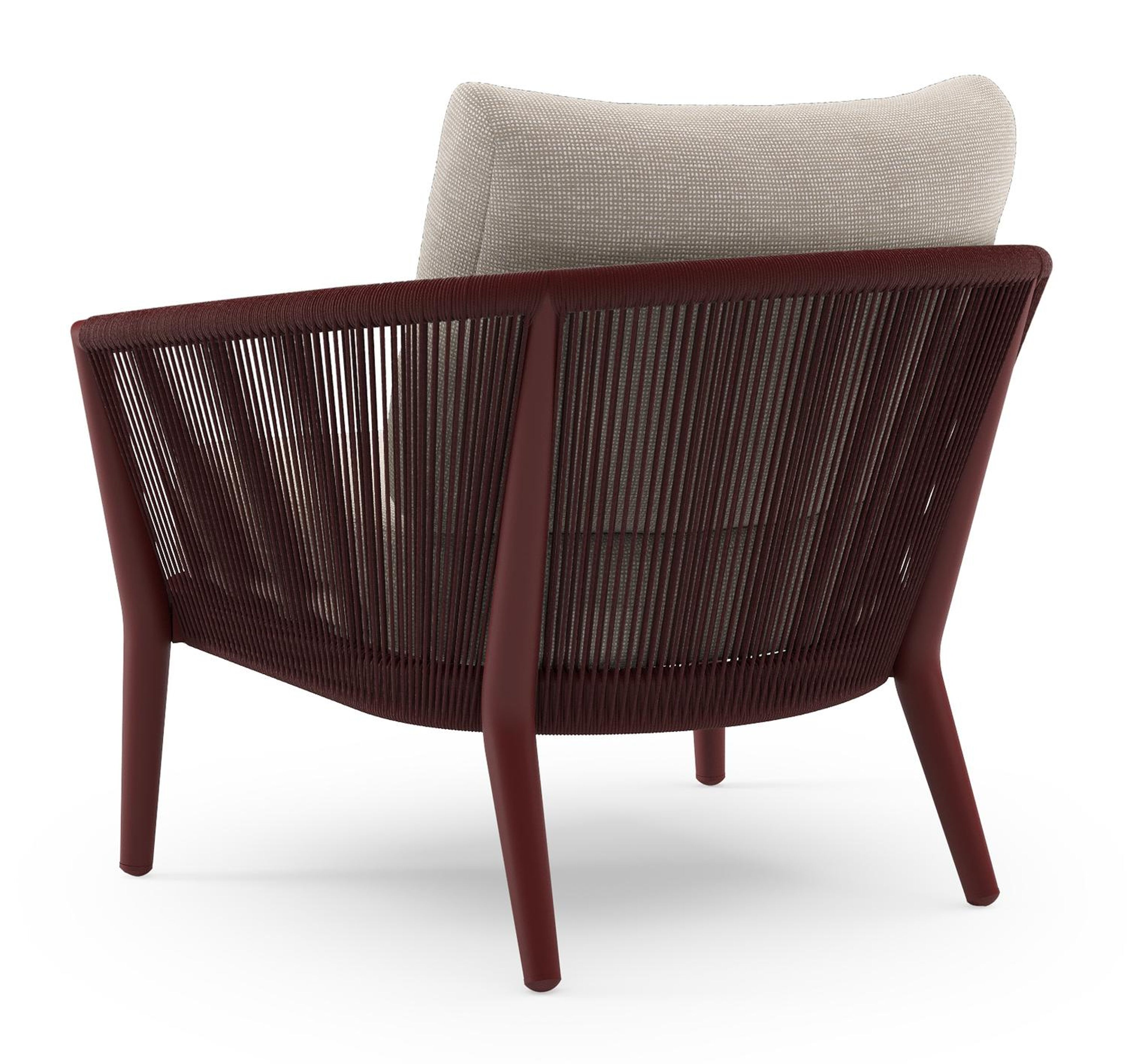 Orso loungestoel in ruby aluminium en ruby verticaal geweven ronde rope met Slow Farafra all weather sunbrella® luxe kussen