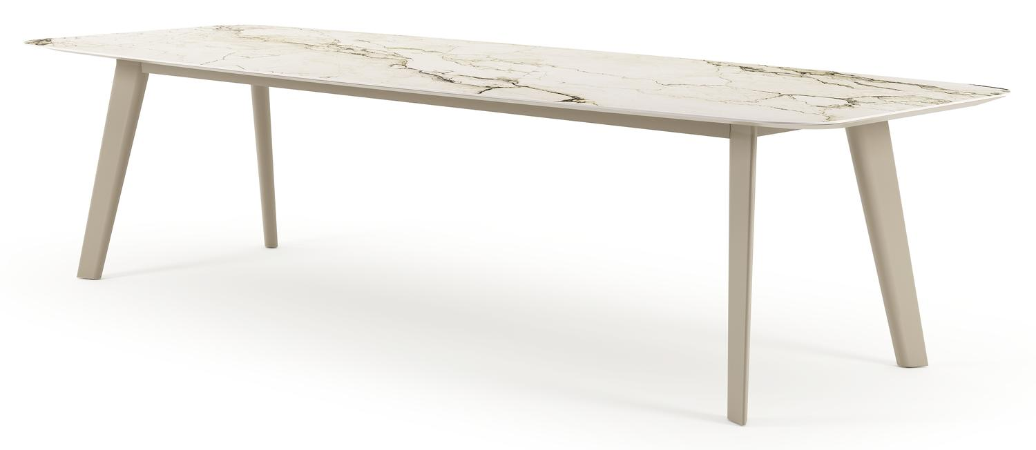 Table de jardin Lacirma forme de bateau en aluminium beige et céramique pleine Colorado Dunes Lg. 315 x Lrg. 115 x Haut. 73 cm