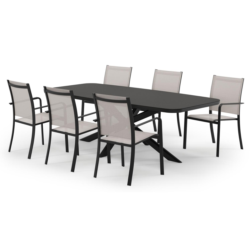 Pamplona bootvormige tuinset in zwart aluminium en sintered stone notte minerale met 6 Calobra tuinstoelen