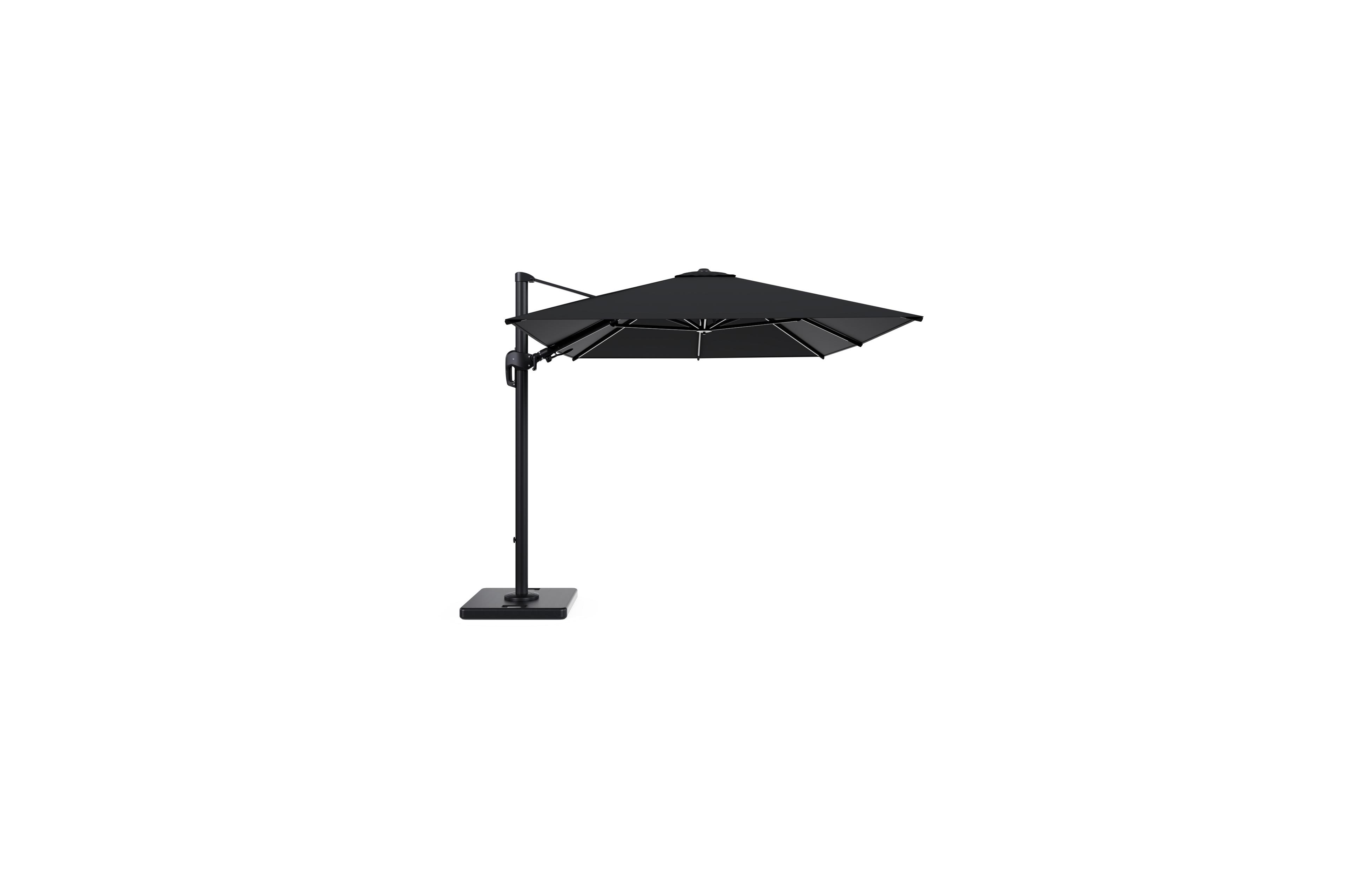 Rufina zweefparasol met tiltfunctie in zwart aluminium met zwart all weather sunbrella® premium parasoldoek - L1 350 x L2 250 cm met parasolvoet Lapido 120 kg