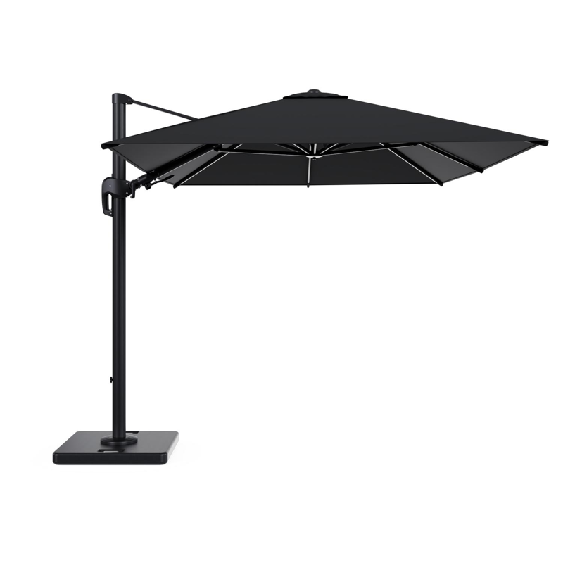 Rufina zweefparasol met tiltfunctie in zwart aluminium met zwart all weather sunbrella® premium parasoldoek - L1 350 x L2 250 cm met parasolvoet Lapido 120 kg