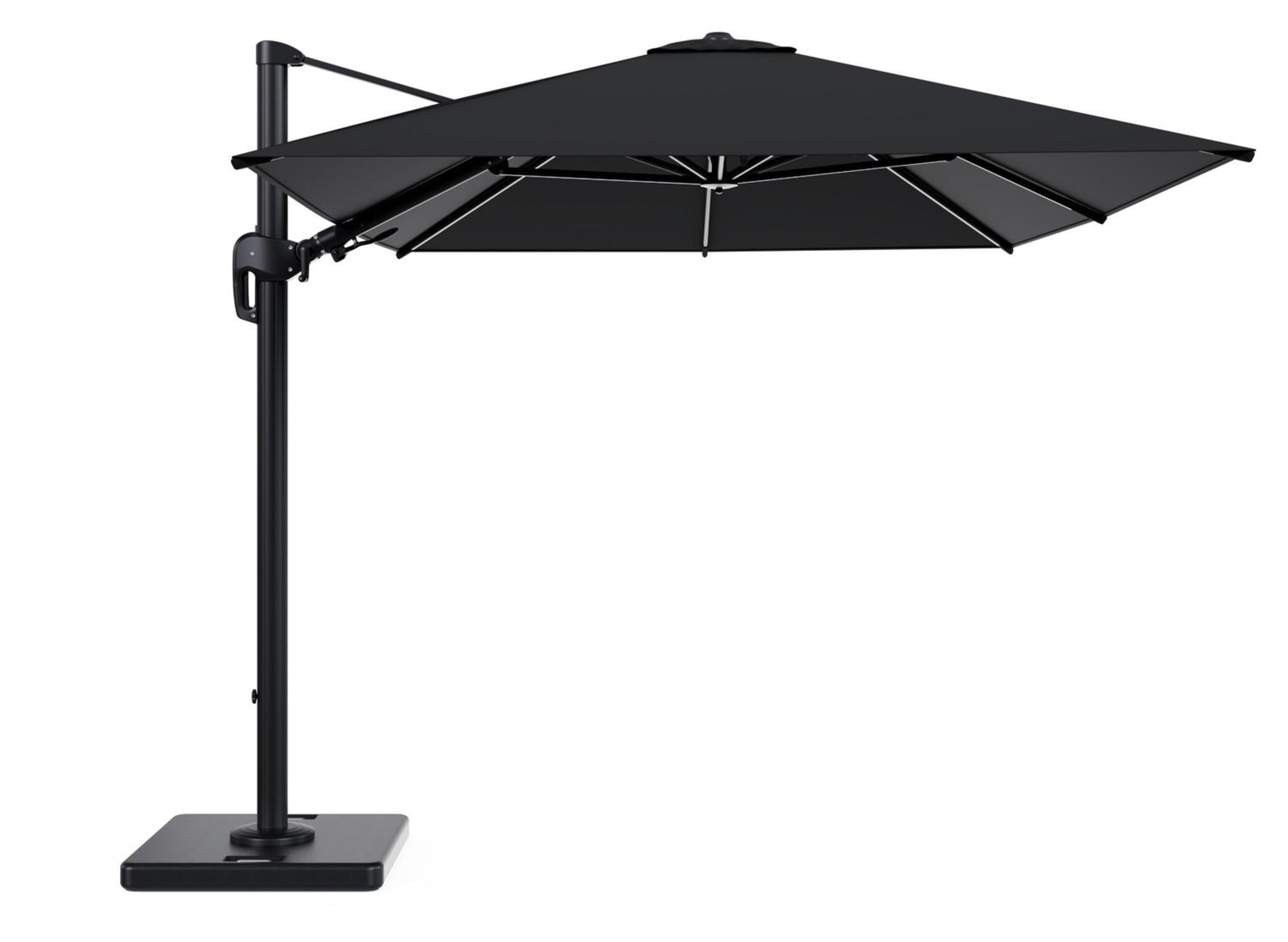 Parasol pendant Rufina avec fonction tilt en aluminium noir avec toile de parasol en all weather sunbrella® premium noir - Lg.1 350 x Lg.2 250 cm avec pied de parasol Lapido 120 kg