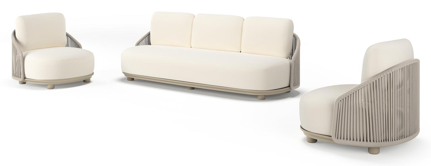 Vadelo loungeset in beige aluminium en beige verticaal geweven ronde rope met natte white all weather sunbrella® luxe kussen