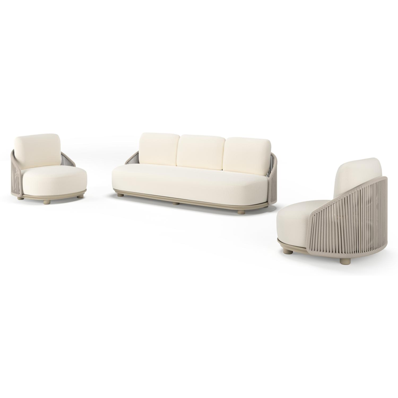 Salon de jardin Vadelo en aluminium beige et corde ronde tissée verticalement beige et coussins en all weather sunbrella® luxe natte white