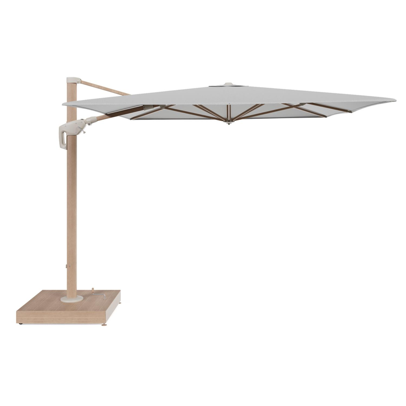 Minore zweefparasol met tiltfunctie in houtlook aluminium en Savane Nimbus All Weather Sunbrella® Luxe parasoldoek - L1: 400 x L2: 300 cm met parasolvoet Minore 260 kg met wielen