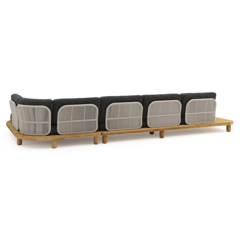 Salon de jardin d'angle Donato en teck et corde ronde tissée verticalement beige et coussins en all weather sunbrella® luxe Chartres Sooty