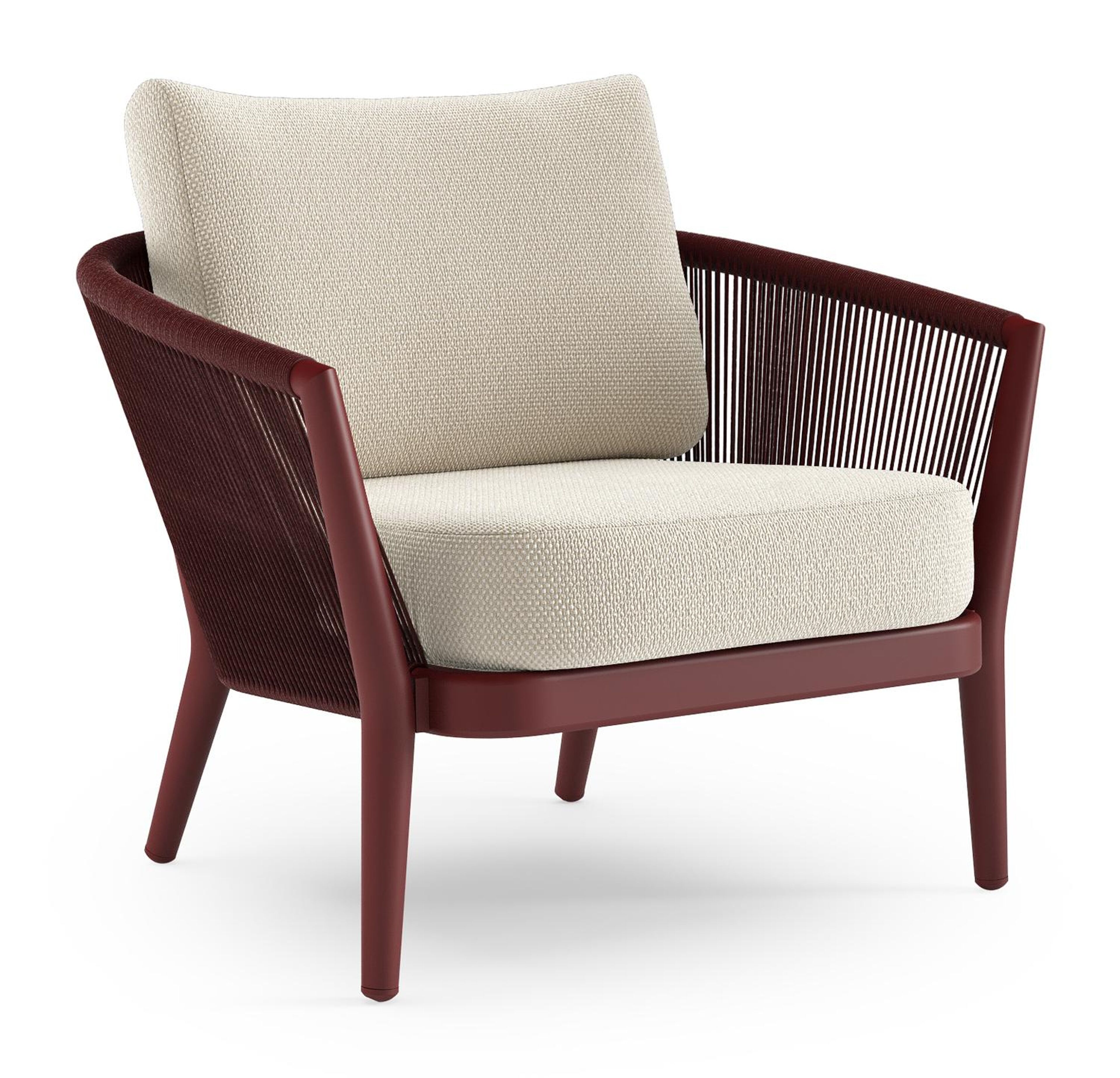 Orso loungestoel in ruby aluminium en ruby verticaal geweven ronde rope met Althea Off White all weather cosytica kussen