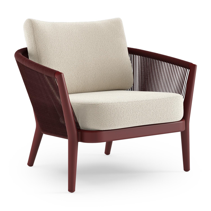 Fauteuil de jardin Orso en aluminium ruby en corde ronde tissée verticalement ruby et coussins en all weather cosytica Althea Off White