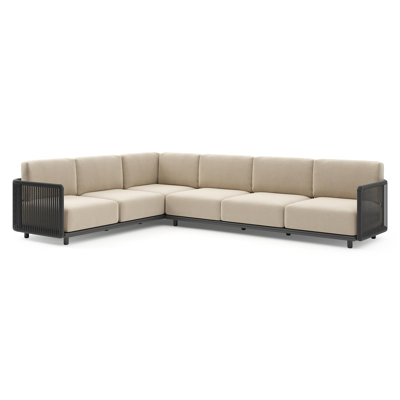 Organo loungehoek in zwart aluminium en zwart verticaal geweven luxe vlakke rope met althea chalk all weather Cosytica kussen