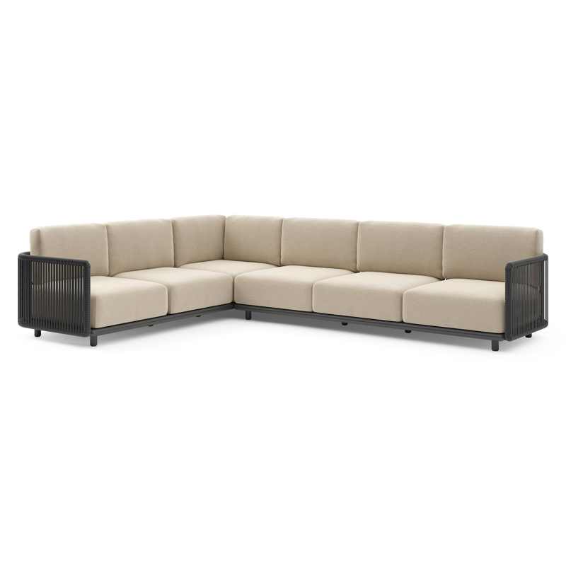 Organo loungehoek in zwart aluminium en zwart verticaal geweven luxe vlakke rope met althea chalk all weather Cosytica kussen