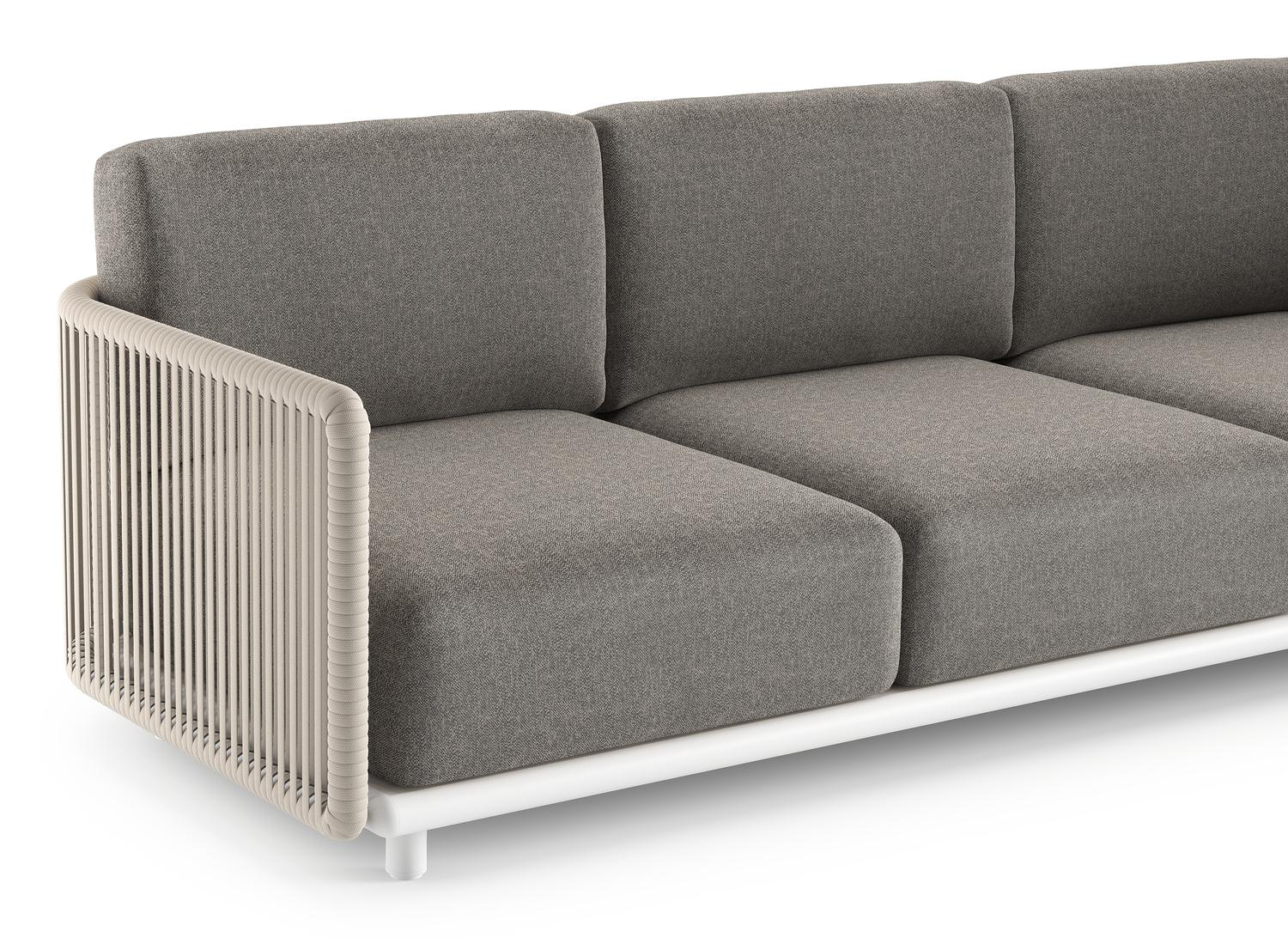 Organo loungehoek in wit aluminium en beige verticaal geweven luxe vlakke rope met chartres drizzle all weather Sunbrella® luxe kussen