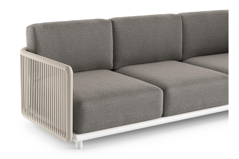 Organo loungehoek in wit aluminium en beige verticaal geweven luxe vlakke rope met chartres drizzle all weather Sunbrella® luxe kussen