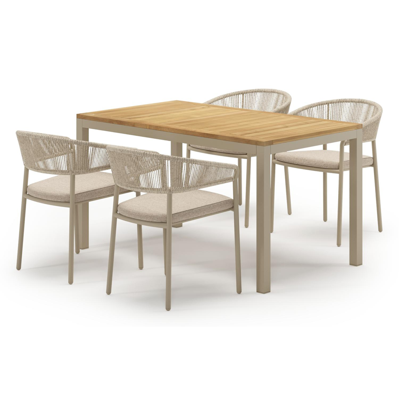 Feltro tuinset in beige aluminium en teak met 4 stapelbare Zamora tuinstoelen