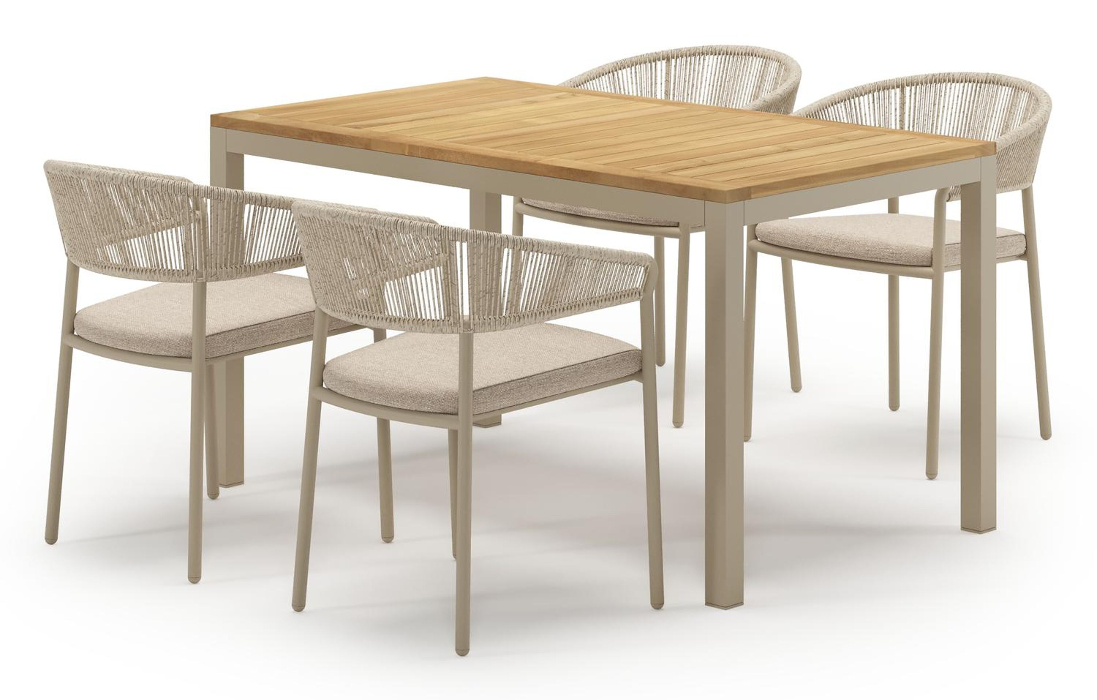 Feltro tuinset in beige aluminium en teak met 4 stapelbare Zamora tuinstoelen