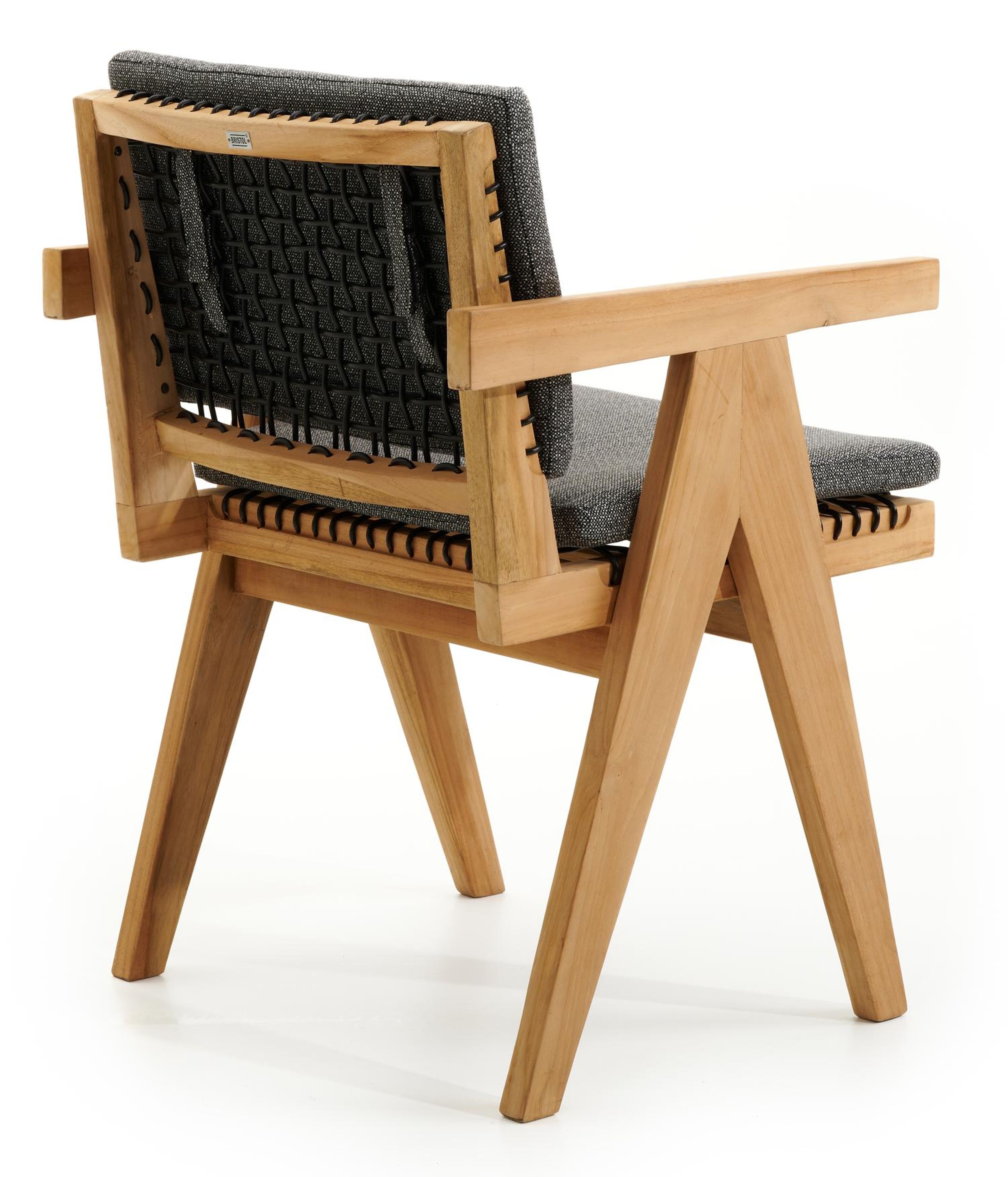 Chaise de jardin Trentino en teck et résine tressée ronde naturel avec coussin en savane tornado all weather sunbrella® luxe