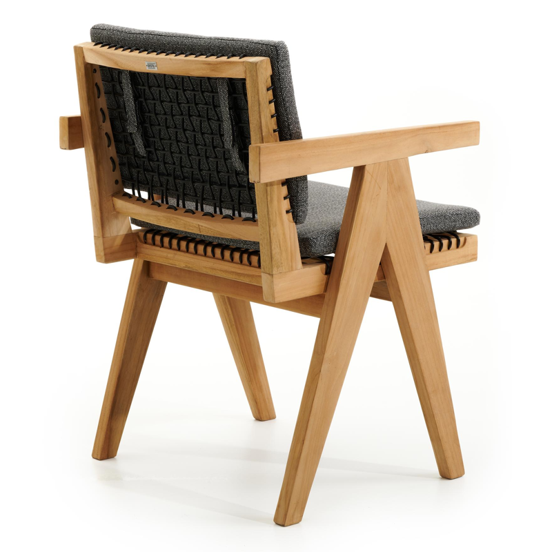 Chaise de jardin Trentino en teck et résine tressée ronde naturel avec coussin en savane tornado all weather sunbrella® luxe