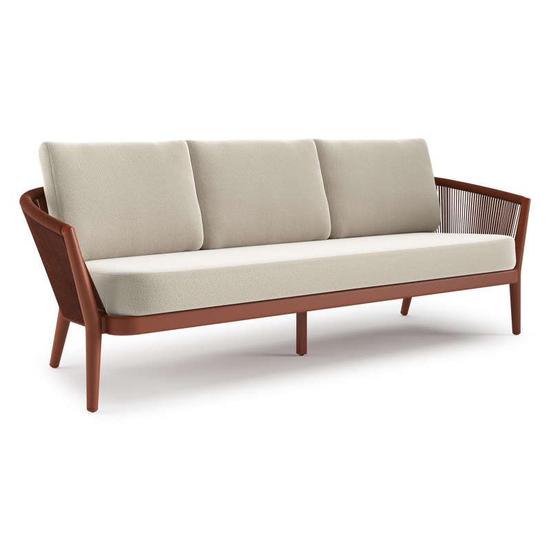 Canapé de jardin Orso en aluminium brun rouille en corde ronde tissée verticalement brun rouille et coussins en all weather sunbrella® luxe Lopi Marble