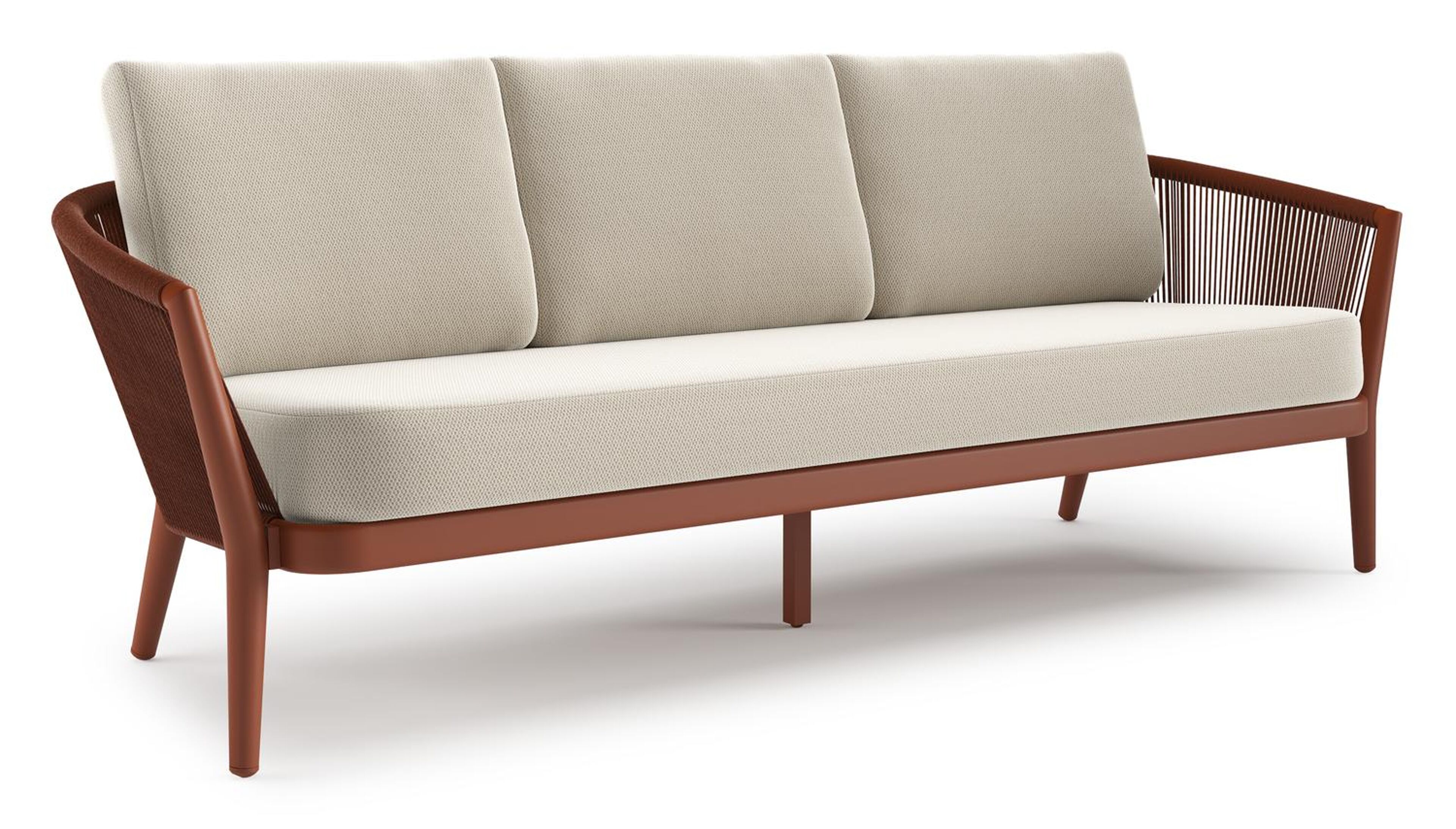 Orso loungebank in roestbruin aluminium en roestbruin verticaal geweven ronde rope met Lopi Marble all weather sunbrella® luxe kussen