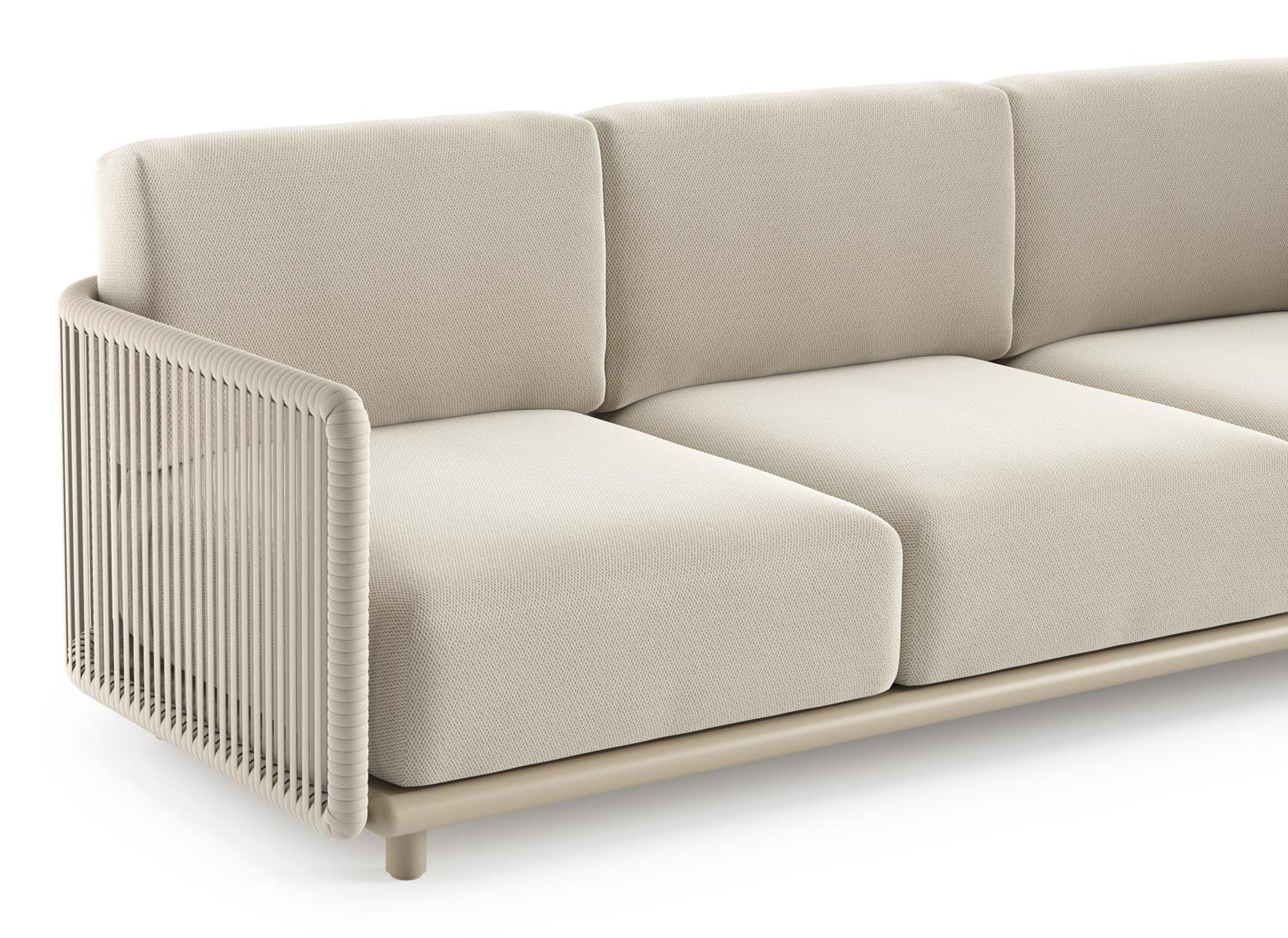 Salon de jardin d'angle Organo en aluminium beige et corde luxe plate tissée verticalement beige et coussin en all weather Sunbrella® luxe lopi marble