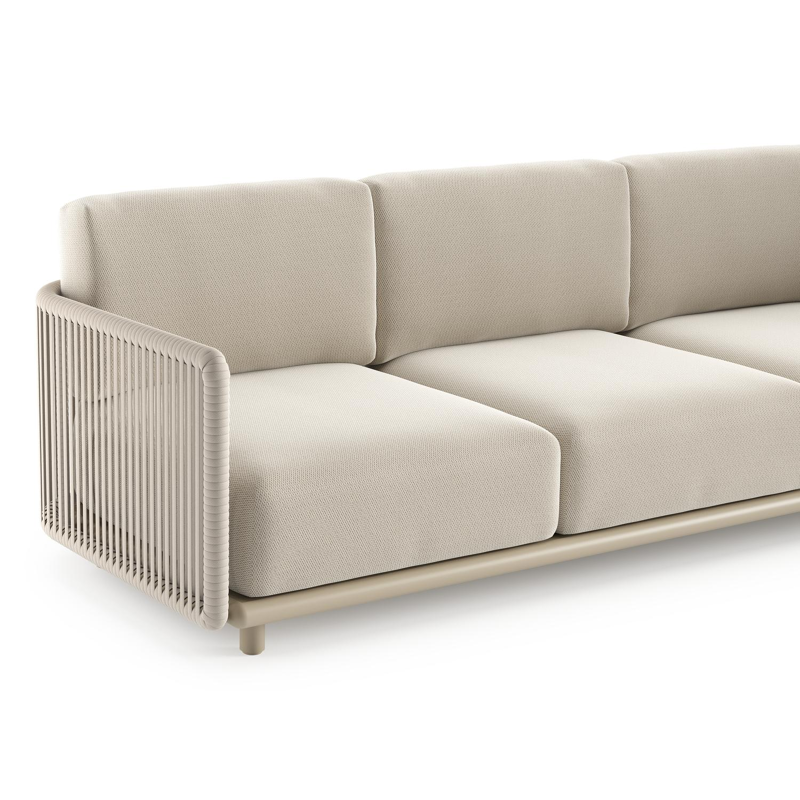 Salon de jardin d'angle Organo en aluminium beige et corde luxe plate tissée verticalement beige et coussin en all weather Sunbrella® luxe lopi marble