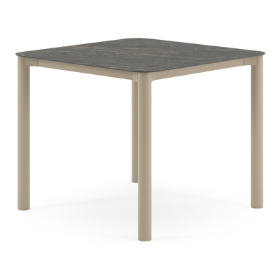 Table de jardin Orso rectangulaire arrondi en aluminium beige et céramique pleine Black Obsession - Lg. 90 x Lrg. 90 x Haut. 74.5 cm