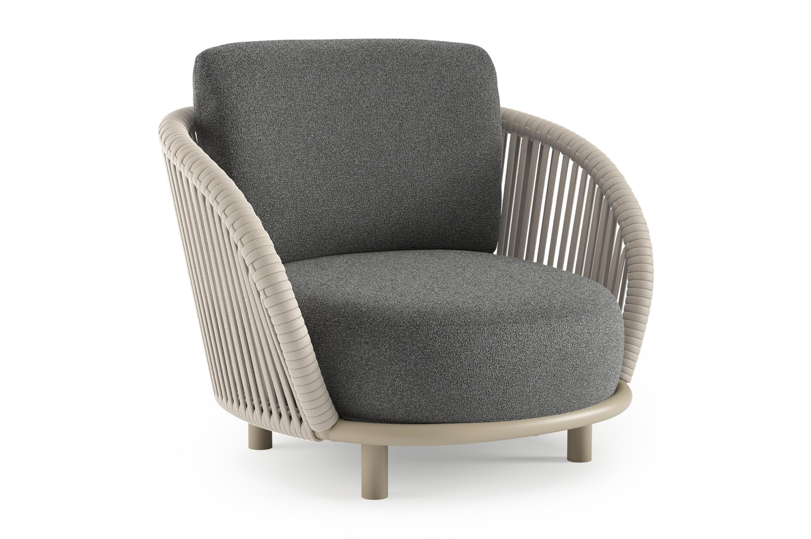 Lupino loungestoel in beige aluminium en beige verticaal geweven luxe vlakke brede rope met catania black all weather cosytica kussen