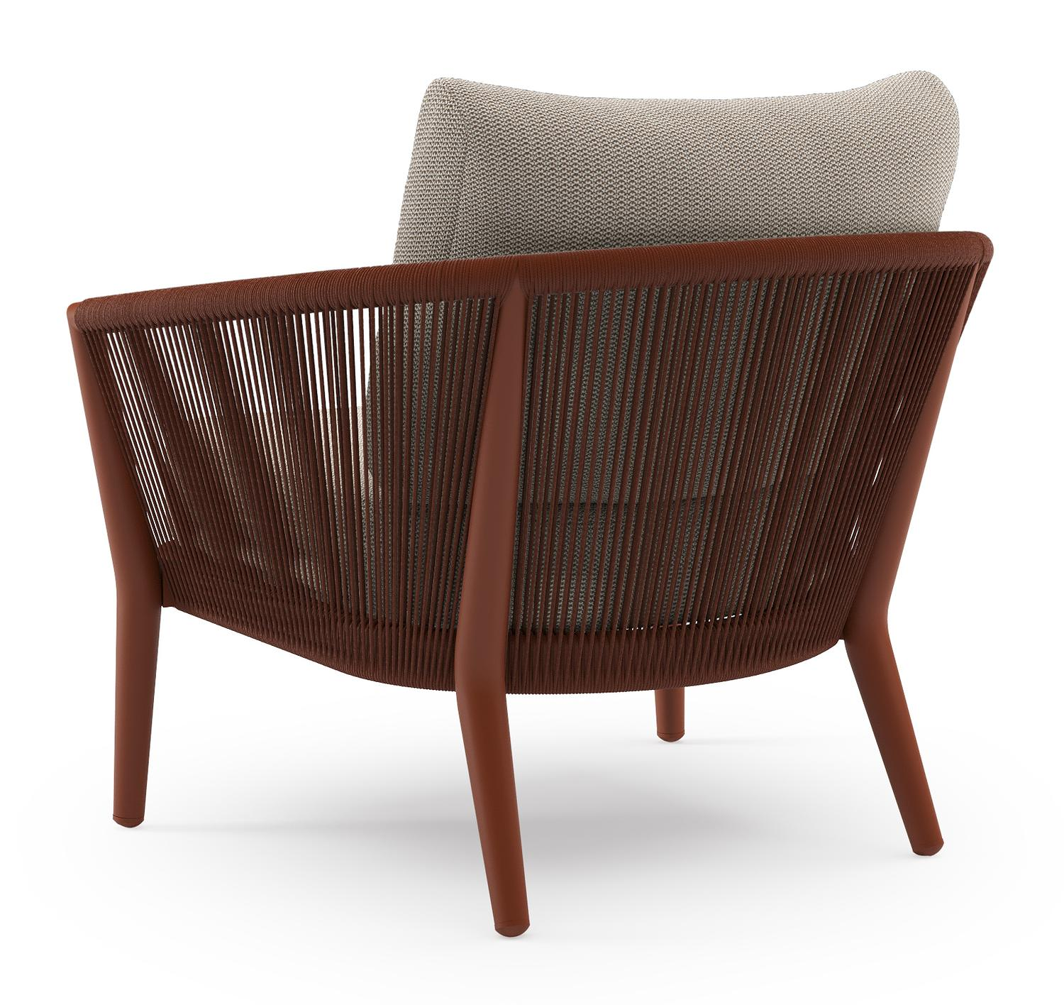 Orso loungestoel in roestbruin aluminium en roestbruin verticaal geweven ronde rope met Lopi Fossil all weather sunbrella® luxe kussen