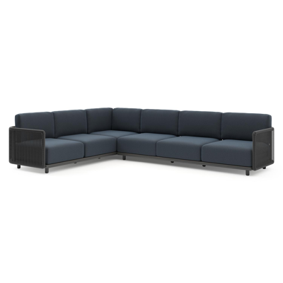 Organo loungehoek in zwart aluminium en zwart verticaal geweven luxe vlakke rope met heritage indigo all weather Sunbrella® luxe kussen