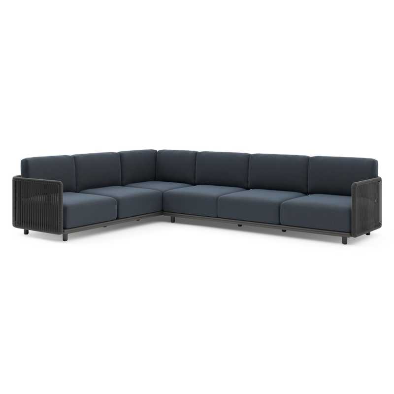 Organo loungehoek in zwart aluminium en zwart verticaal geweven luxe vlakke rope met heritage indigo all weather Sunbrella® luxe kussen