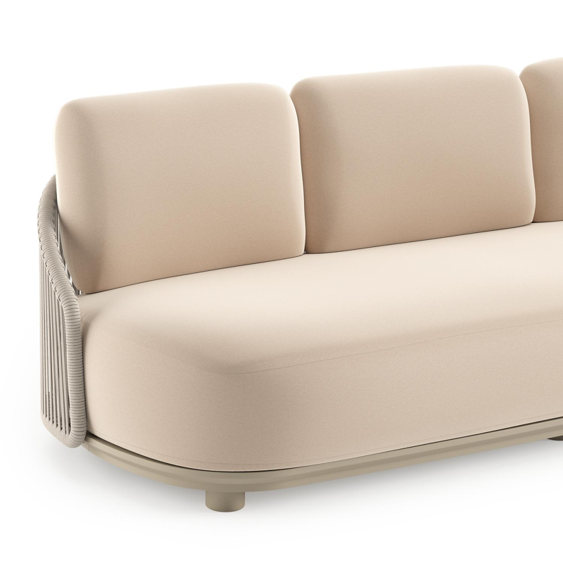 Canapé de jardin Vadelo en aluminium beige et corde ronde tissée verticalement beige et coussins en all weather sunbrella® luxe natte linen chalk