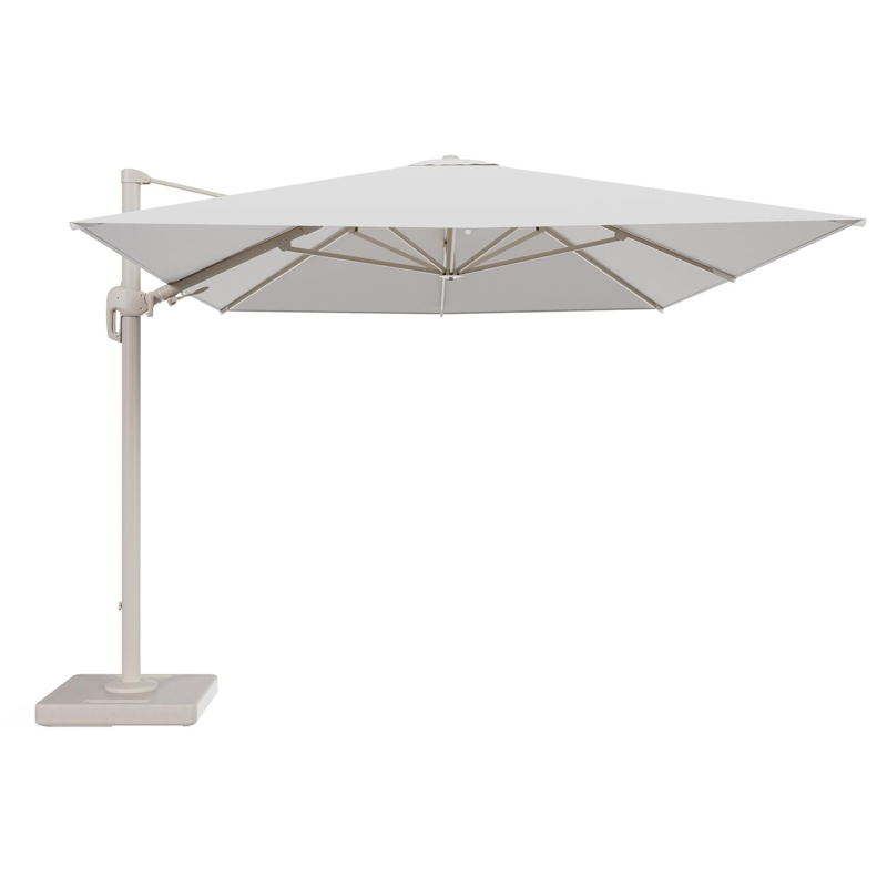 Rufina zweefparasol tiltfunctie in beige aluminium en parasoldoek in All Weather Solica Soul Optik - L1 400 x L2 300 cm met parasolvoet Lapido 160 kg